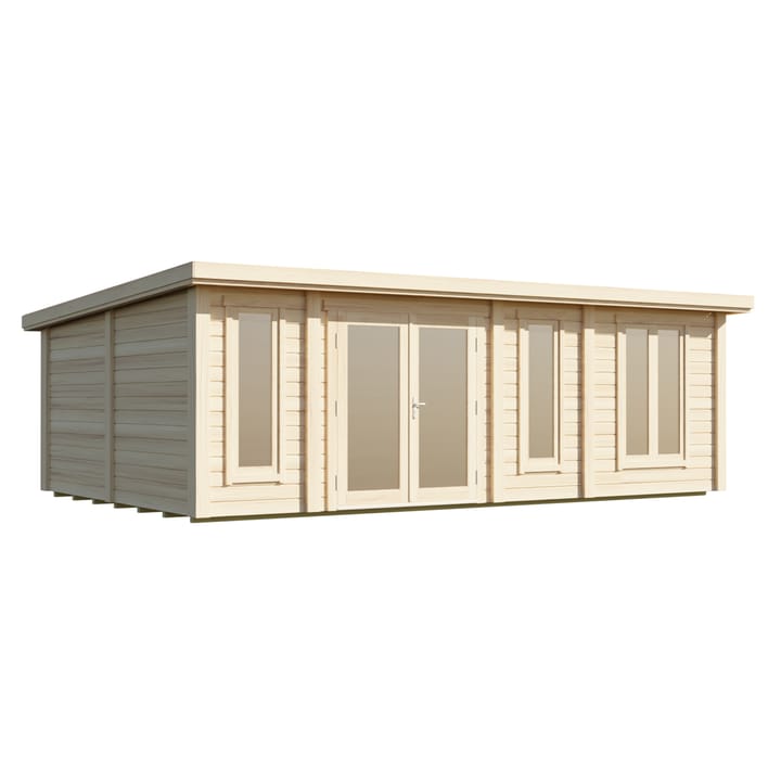 The Lillevilla Pent Log Cabin is a stylish and practical addition to any outdoor space, with its sturdy 44mm thick pine log construction and energy-efficient double glazing. Measuring 6.8m by 4.4m, this cabin is perfectly sized for a variety of uses, from a home office to a cozy retreat. It's topped with a durable EPDM roof, ensuring it stands strong against the elements while providing a modern silhouette against any garden backdrop.
