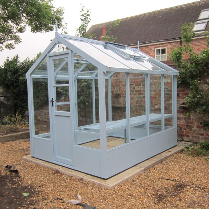 This 6ft x 8ft Swallow Kingfisher greenhouse has the optional 'Lulworth Blue' painted finish. 