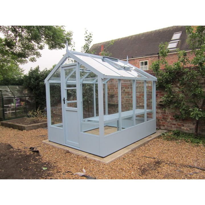 This 6ft x 8ft Swallow Kingfisher greenhouse has the optional 'Lulworth Blue' painted finish. 