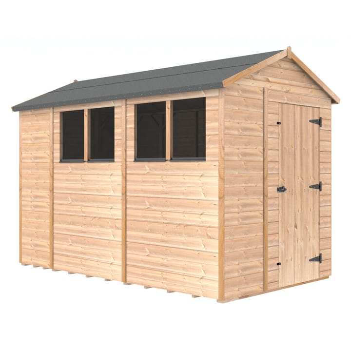 The Shedfast Apex shed is available in a range of sizes to suit all. 
Pictured here is the 6ft x 10ft model. The interchangeable windows and doors mean they can be positioned in any combination to suit your needs. The door is positioned in the gable end of this shed, but can easily be fitted to the side.

Black roofing felt is supplied as standard and the double pane windows are toughened safety glass with a pvc bottom cill.