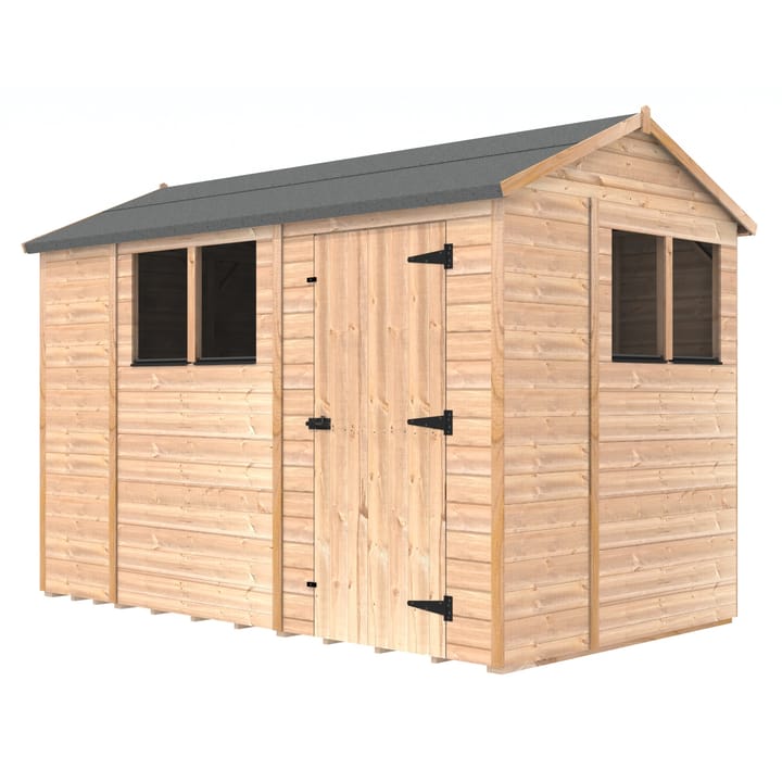 The Shedfast Apex shed is available in a range of sizes to suit all. 
Pictured here is the 6ft x 10ft model. The interchangeable windows and doors mean they can be positioned in any combination to suit your needs. The door is positioned in the side of this shed, but can easily be fitted to the gable end.

Black roofing felt is supplied as standard and the double pane windows are toughened safety glass with a pvc bottom cill.