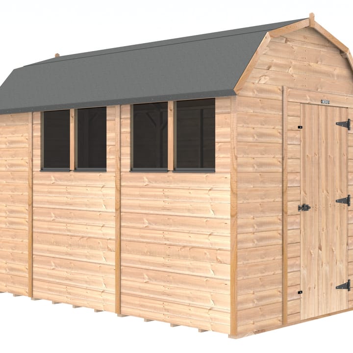 The Shedfast Dutch Barn shed is available in a range of sizes to suit all. 
Pictured here is the 6ft x 10ft model. The interchangeable windows and doors mean they can be positioned in any combination to suit your needs. The door is positioned in the gable end of this shed, but can easily be fitted on the side.

Black roofing felt is supplied as standard and the double pane windows are toughened safety glass with a pvc bottom cill.