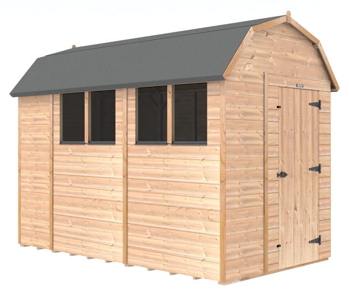 The Shedfast Dutch Barn shed is available in a range of sizes to suit all. 
Pictured here is the 6ft x 10ft model. The interchangeable windows and doors mean they can be positioned in any combination to suit your needs. The door is positioned in the gable end of this shed, but can easily be fitted on the side.

Black roofing felt is supplied as standard and the double pane windows are toughened safety glass with a pvc bottom cill.