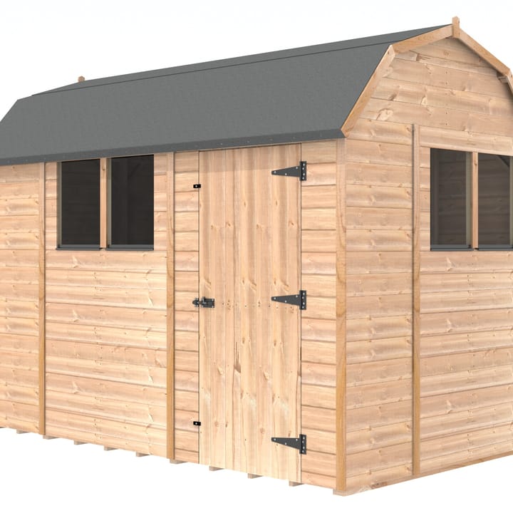 The Shedfast Dutch Barn shed is available in a range of sizes to suit all. 
Pictured here is the 6ft x 10ft model. The interchangeable windows and doors mean they can be positioned in any combination to suit your needs. The door is positioned on the side of this shed, but can easily be fitted in the gable end.

Black roofing felt is supplied as standard and the double pane windows are toughened safety glass with a pvc bottom cill.