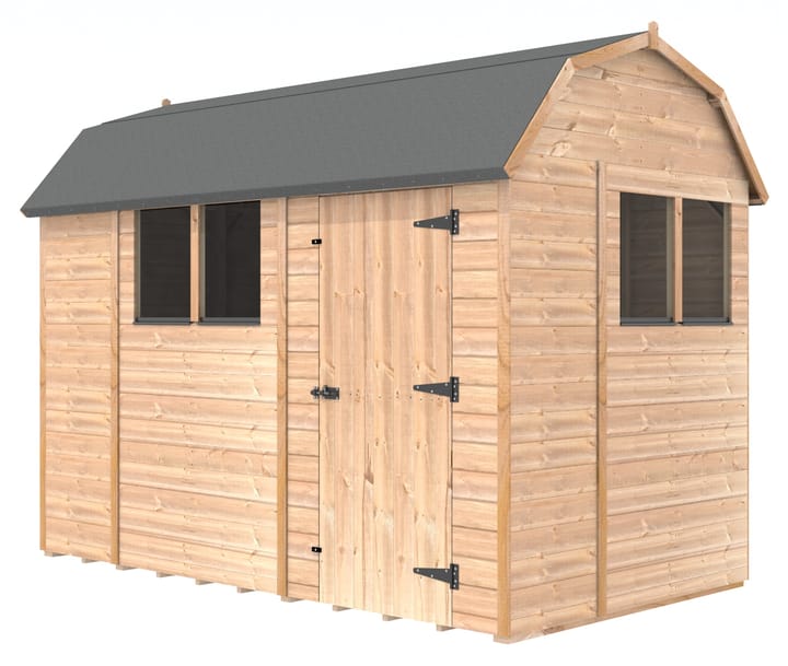 The Shedfast Dutch Barn shed is available in a range of sizes to suit all. 
Pictured here is the 6ft x 10ft model. The interchangeable windows and doors mean they can be positioned in any combination to suit your needs. The door is positioned on the side of this shed, but can easily be fitted in the gable end.

Black roofing felt is supplied as standard and the double pane windows are toughened safety glass with a pvc bottom cill.