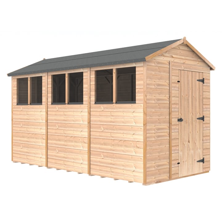 The Shedfast Apex shed is available in a range of sizes to suit all. 
Pictured here is the 6ft x 12ft model. The interchangeable windows and doors mean they can be positioned in any combination to suit your needs. The door is positioned in the gable end of this shed, but can easily be fitted to the side.

Black roofing felt is supplied as standard and the double pane windows are toughened safety glass with a pvc bottom cill.
