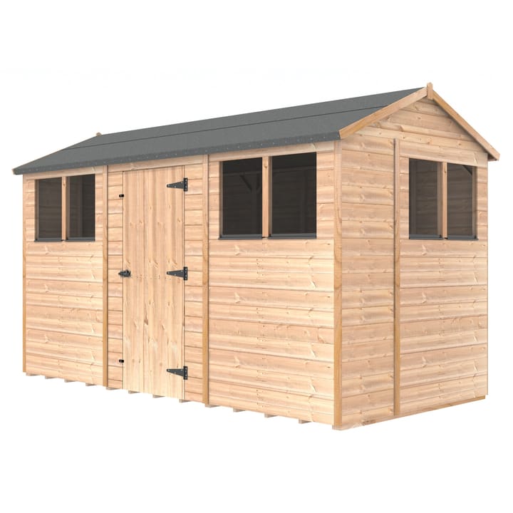 The Shedfast Apex shed is available in a range of sizes to suit all. 
Pictured here is the 6ft x 12ft model. The interchangeable windows and doors mean they can be positioned in any combination to suit your needs. The door is positioned in the side of this shed, but can easily be fitted to the gable end.

Black roofing felt is supplied as standard and the double pane windows are toughened safety glass with a pvc bottom cill.