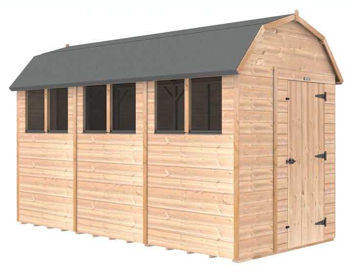The Shedfast Dutch Barn shed is available in a range of sizes to suit all. 
Pictured here is the 6ft x 12ft model. The interchangeable windows and doors mean they can be positioned in any combination to suit your needs. The door is positioned in the gable end of this shed, but can easily be fitted on the side.

Black roofing felt is supplied as standard and the double pane windows are toughened safety glass with a pvc bottom cill.