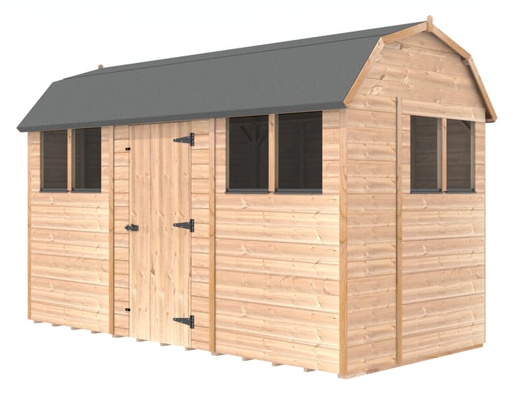 The Shedfast Dutch Barn shed is available in a range of sizes to suit all. 
Pictured here is the 6ft x 12ft model. The interchangeable windows and doors mean they can be positioned in any combination to suit your needs. The door is positioned on the side of this shed, but can easily be fitted in the gable end.

Black roofing felt is supplied as standard and the double pane windows are toughened safety glass with a pvc bottom cill.