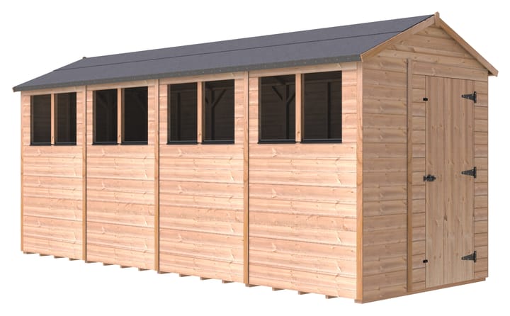 The Shedfast Apex shed is available in a range of sizes to suit all. 
Pictured here is the 6ft x 16ft model. The interchangeable windows and doors mean they can be positioned in any combination to suit your needs. The door is positioned on the side of this shed, but can easily be fitted in the gable end.

Black roofing felt is supplied as standard and the double pane windows are toughened safety glass with a pvc bottom cill.