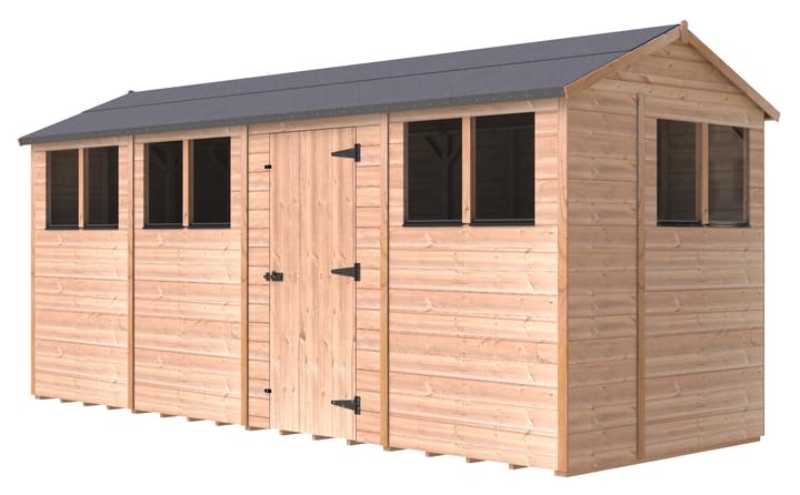 The Shedfast Apex shed is available in a range of sizes to suit all. 
Pictured here is the 6ft x 16ft model. The interchangeable windows and doors mean they can be positioned in any combination to suit your needs. The door is positioned in the side of this shed, but can easily be fitted to the gable end.

Black roofing felt is supplied as standard and the double pane windows are toughened safety glass with a pvc bottom cill.