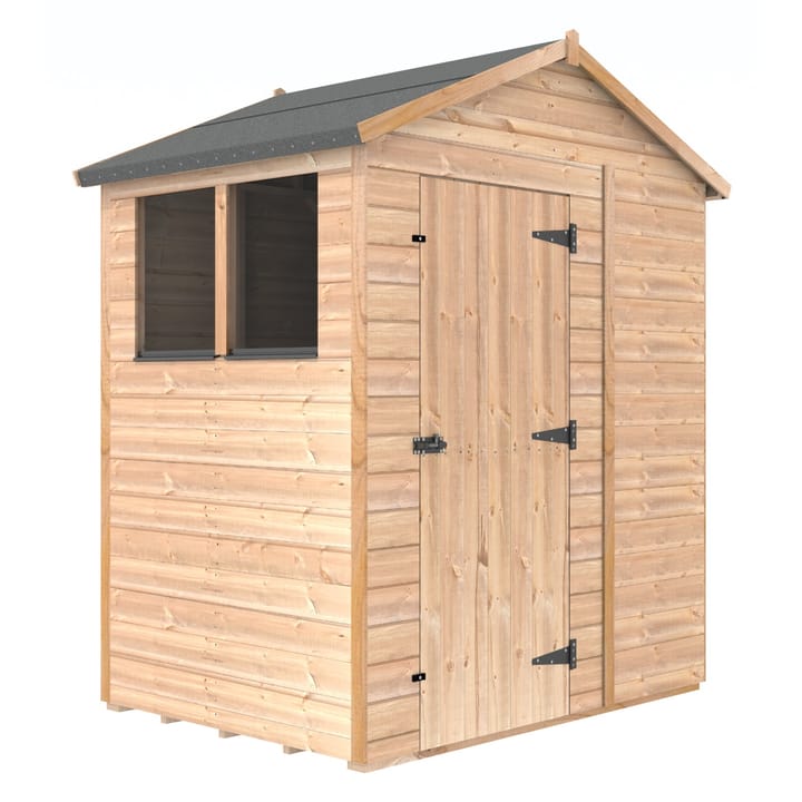 The Shedfast Apex shed is available in a range of sizes to suit all. 
Pictured here is the 6ft x 4ft model. The interchangeable windows and doors mean they can be positioned in any combination to suit your needs. The door is positioned in the gable end of this shed, but can easily be fitted to the side.

Black roofing felt is supplied as standard and the double pane windows are toughened safety glass with a pvc bottom cill.