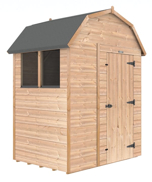 The Shedfast Dutch Barn shed is available in a range of sizes to suit all. 
Pictured here is the 6ft x 4ft model. The interchangeable windows and doors mean they can be positioned in any combination to suit your needs. The door is positioned in the gable end of this shed, but can easily be fitted on the side.

Black roofing felt is supplied as standard and the double pane windows are toughened safety glass with a pvc bottom cill.