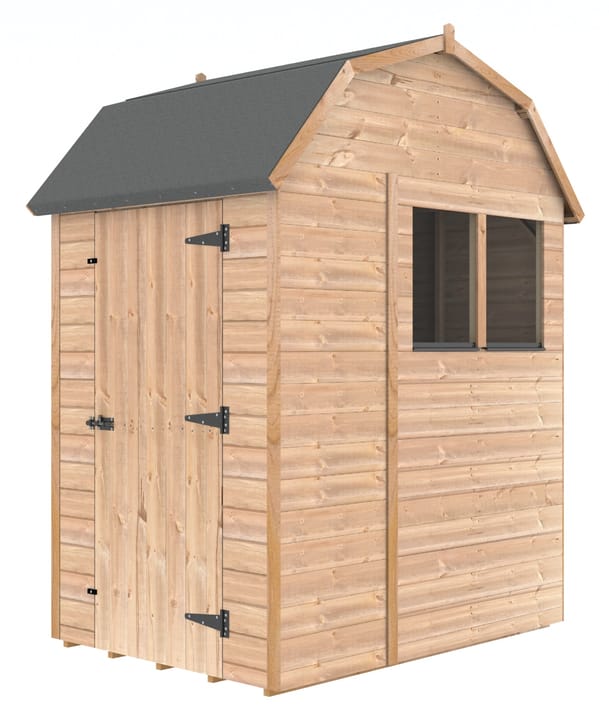 The Shedfast Dutch Barn shed is available in a range of sizes to suit all. 
Pictured here is the 6ft x 4ft model. The interchangeable windows and doors mean they can be positioned in any combination to suit your needs. The door is positioned on the side of this shed, but can easily be fitted in the gable end.

Black roofing felt is supplied as standard and the double pane windows are toughened safety glass with a pvc bottom cill.