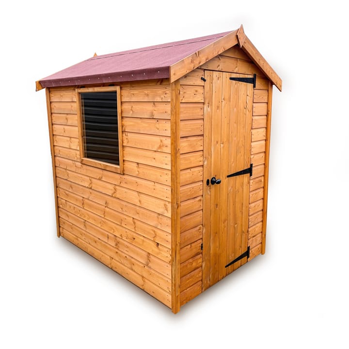 This 4ft x 6ft Bewdley apex is constructed in Redwood and displays the standard opening window, Red Roof Felt (Black and Green are also available).  