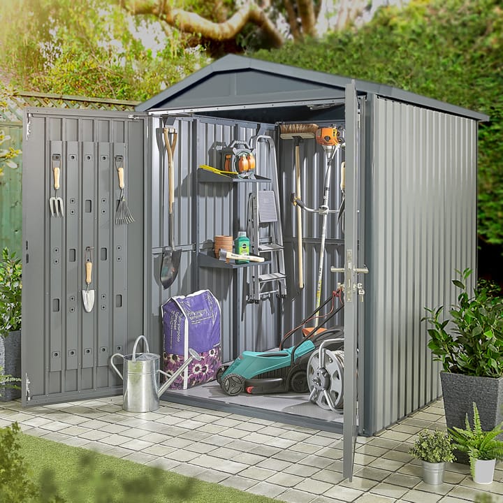 6x6 HEX Alton apex shed in Anthracite Grey. The Apex features double opening doors to the front. The doors include an integrated organisation panel, ideal for hanging garden tools. Acrylic windows are positioned above the doors in the front gable, allowing light through. The Alton is also available in Sage Green.