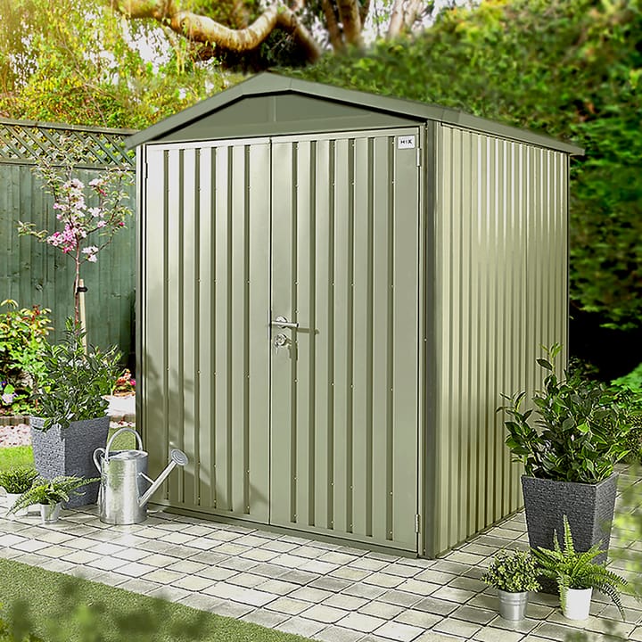 6x6 HEX Alton Apex shed in Sage Green. The Alton Apex is also available in Anthracite.