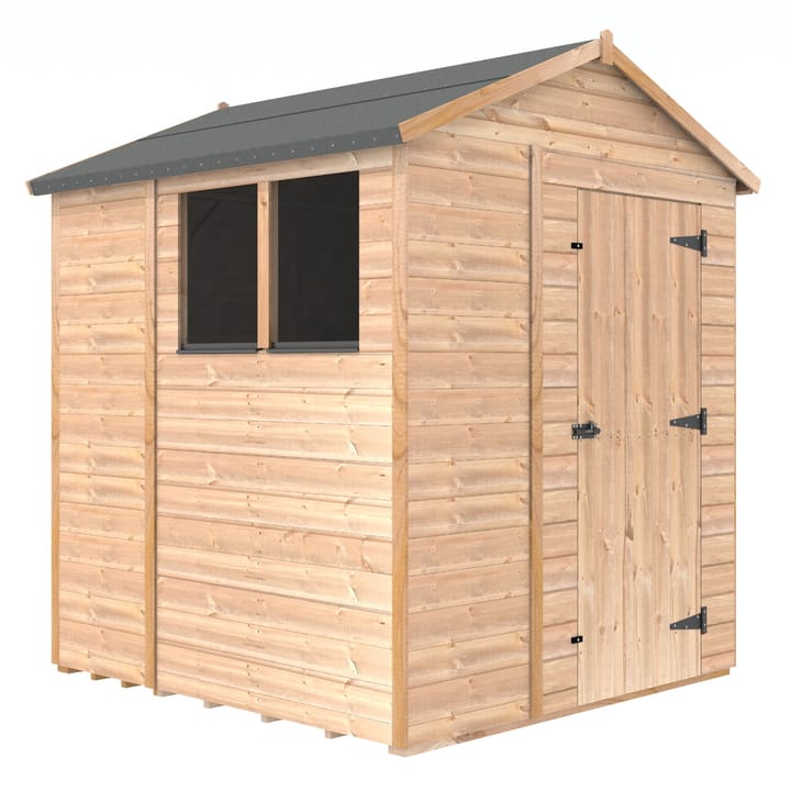 The Shedfast Apex shed is available in a range of sizes to suit all. 
Pictured here is the 6ft x 6ft model. The interchangeable windows and doors mean they can be positioned in any combination to suit your needs. The door is positioned in the gable end of this shed, but can easily be fitted to the side.

Black roofing felt is supplied as standard and the double pane windows are toughened safety glass with a pvc bottom cill.
