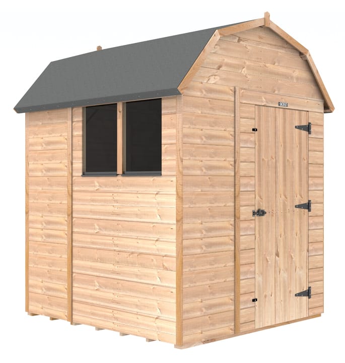The Shedfast Dutch Barn shed is available in a range of sizes to suit all. 
Pictured here is the 6ft x 6ft model. The interchangeable windows and doors mean they can be positioned in any combination to suit your needs. The door is positioned in the gable end of this shed, but can easily be fitted on the side.

Black roofing felt is supplied as standard and the double pane windows are toughened safety glass with a pvc bottom cill.