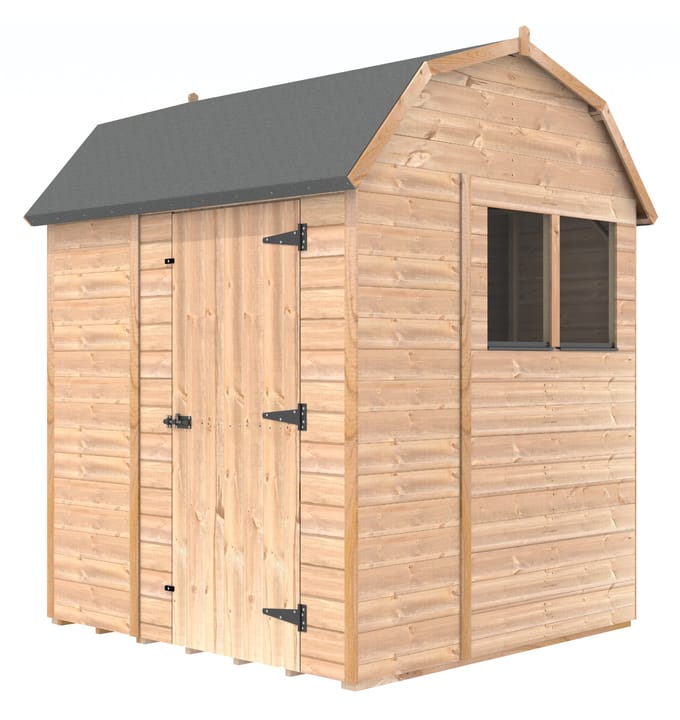 The Shedfast Dutch Barn shed is available in a range of sizes to suit all. 
Pictured here is the 6ft x 6ft model. The interchangeable windows and doors mean they can be positioned in any combination to suit your needs. The door is positioned on the side of this shed, but can easily be fitted in the gable end.

Black roofing felt is supplied as standard and the double pane windows are toughened safety glass with a pvc bottom cill.