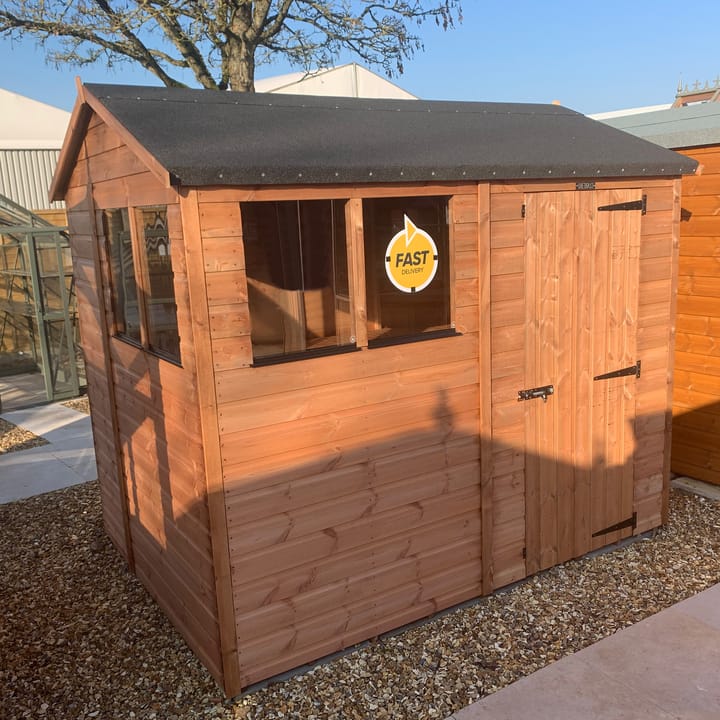 The Shedfast Apex shed is available in a range of sizes to suit all. 
Pictured here is the 6ft x 8ft model. The interchangeable windows and doors mean they can be positioned in any combination to suit your needs. The door is positioned in the side of this shed, but can easily be fitted to the gable end.

Black roofing felt is supplied as standard and the double pane windows are toughened safety glass with a pvc bottom cill.