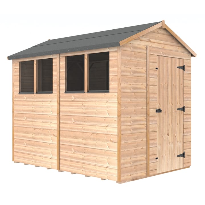 The Shedfast Apex shed is available in a range of sizes to suit all. 
Pictured here is the 6ft x 8ft model. The interchangeable windows and doors mean they can be positioned in any combination to suit your needs. The door is positioned in the gable end of this shed, but can easily be fitted to the side.

Black roofing felt is supplied as standard and the double pane windows are toughened safety glass with a pvc bottom cill.