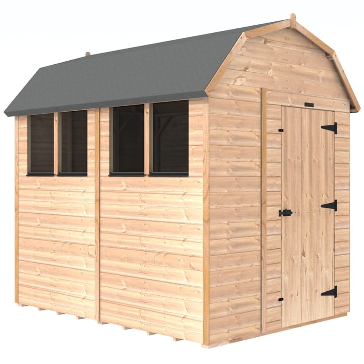 The Shedfast Dutch Barn shed is available in a range of sizes to suit all. 
Pictured here is the 6ft x 8ft model. The interchangeable windows and doors mean they can be positioned in any combination to suit your needs. The door is positioned in the gable end of this shed, but can easily be fitted on the side.

Black roofing felt is supplied as standard and the double pane windows are toughened safety glass with a pvc bottom cill.