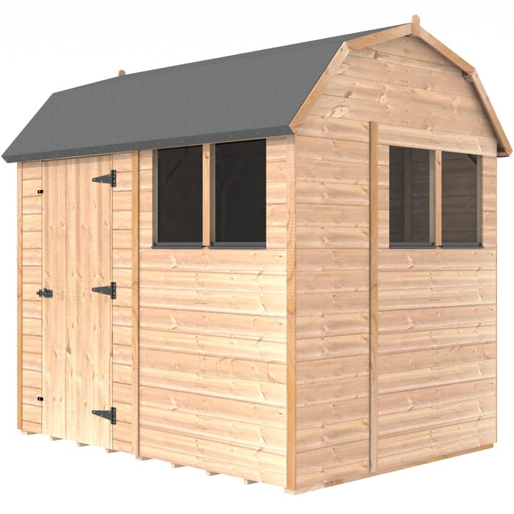 The Shedfast Dutch Barn shed is available in a range of sizes to suit all. 
Pictured here is the 6ft x 8ft model. The interchangeable windows and doors mean they can be positioned in any combination to suit your needs. The door is positioned on the side of this shed, but can easily be fitted in the gable end.

Black roofing felt is supplied as standard and the double pane windows are toughened safety glass with a pvc bottom cill.