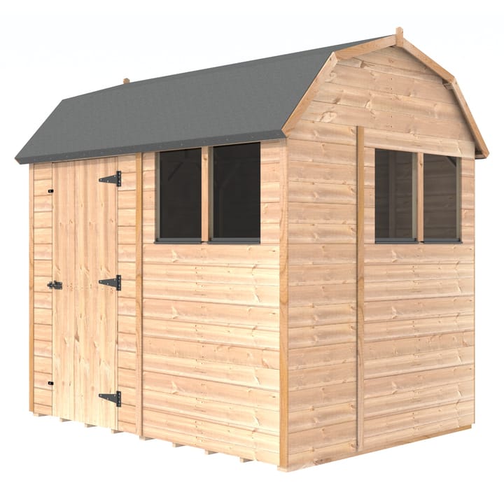The Shedfast Dutch Barn shed is available in a range of sizes to suit all. 
Pictured here is the 6ft x 8ft model. The interchangeable windows and doors mean they can be positioned in any combination to suit your needs. The door is positioned on the side of this shed, but can easily be fitted in the gable end.

Black roofing felt is supplied as standard and the double pane windows are toughened safety glass with a pvc bottom cill.