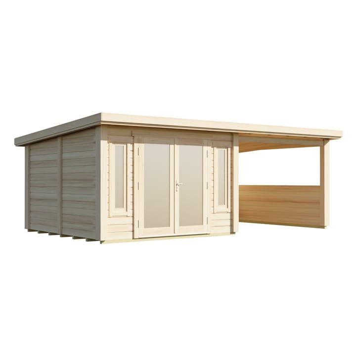 The Lillevilla Pent with Canopy Log Cabin is a stylish and practical addition to any outdoor space, with its sturdy 44mm thick pine log construction and energy-efficient double glazing. Measuring 7m by 4m, this cabin is perfectly sized for a variety of uses, from a home office to a cozy retreat. The canopy provides a sheltered outdoor sitting area. It's topped with a durable EPDM roof, ensuring it stands strong against the elements while providing a modern silhouette against any garden backdrop.