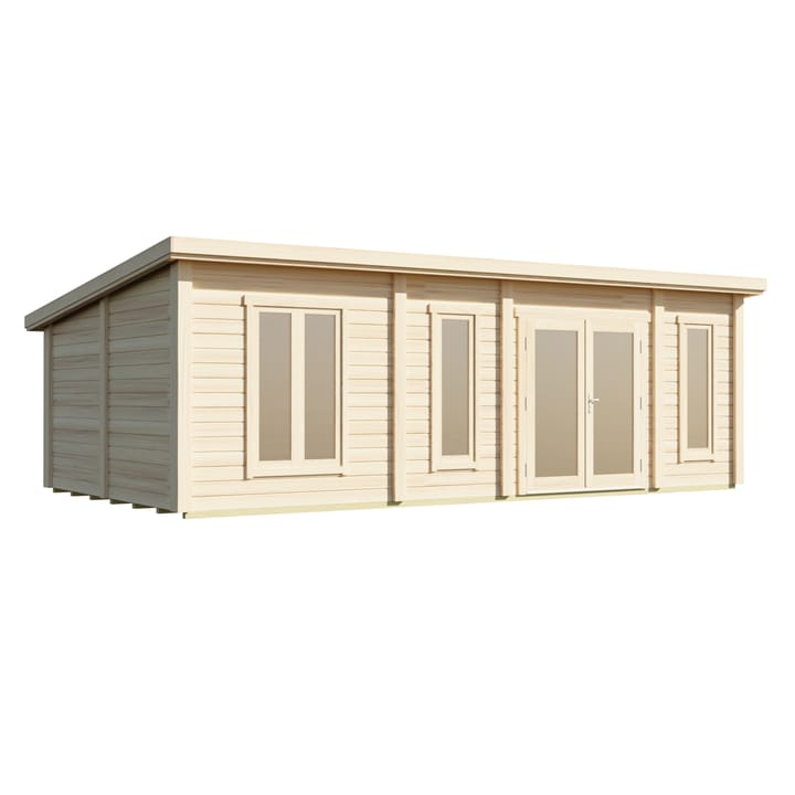 The Lillevilla Pent Log Cabin is a stylish and practical addition to any outdoor space, with its sturdy 44mm thick pine log construction and energy-efficient double glazing. Measuring 7.4m by 4m, this cabin is perfectly sized for a variety of uses, from a home office to a cozy retreat. It's topped with a durable EPDM roof, ensuring it stands strong against the elements while providing a modern silhouette against any garden backdrop.