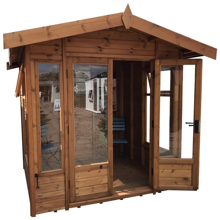 This 7ft x 6ft Malvern Tenbury has been constructed in Redwood, one of 5 cladding options available, Pressure Treated Redwood, Cedar, Heavy Duty Redwood and Heavy Duty Pressure Treated Redwood being the other 4. An optional heavy duty floor upgrade has also been added.