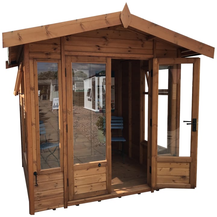 This 7ft x 6ft Malvern Newland Apex has been constructed in Redwood, one of 5 cladding options available, Pressure Treated Redwood, Cedar, Heavy Duty Redwood and Heavy Duty Pressure Treated Redwood being the other 4. An optional heavy duty floor upgrade has also been added.