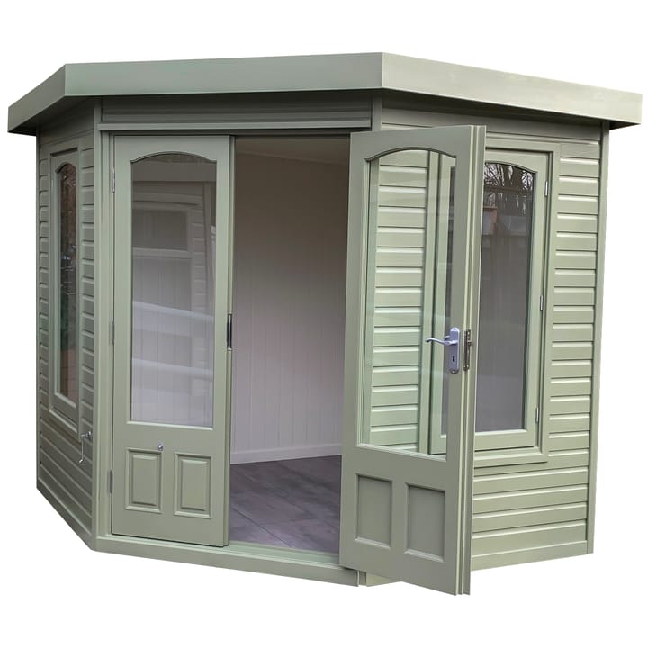 Malvern Green is the chosen colour for this 7ft x 7ft Malvern Harwood summerhouse. Also featured in this photo is the optional laminate floor upgrade.
