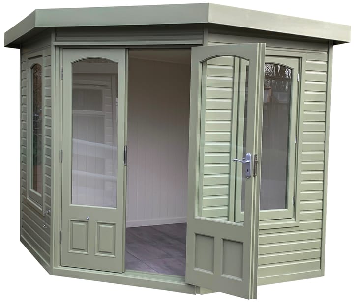 Malvern Green is the chosen colour for this 7ft x 7ft Malvern Harwood summerhouse. Also featured in this photo is the optional laminate floor upgrade.