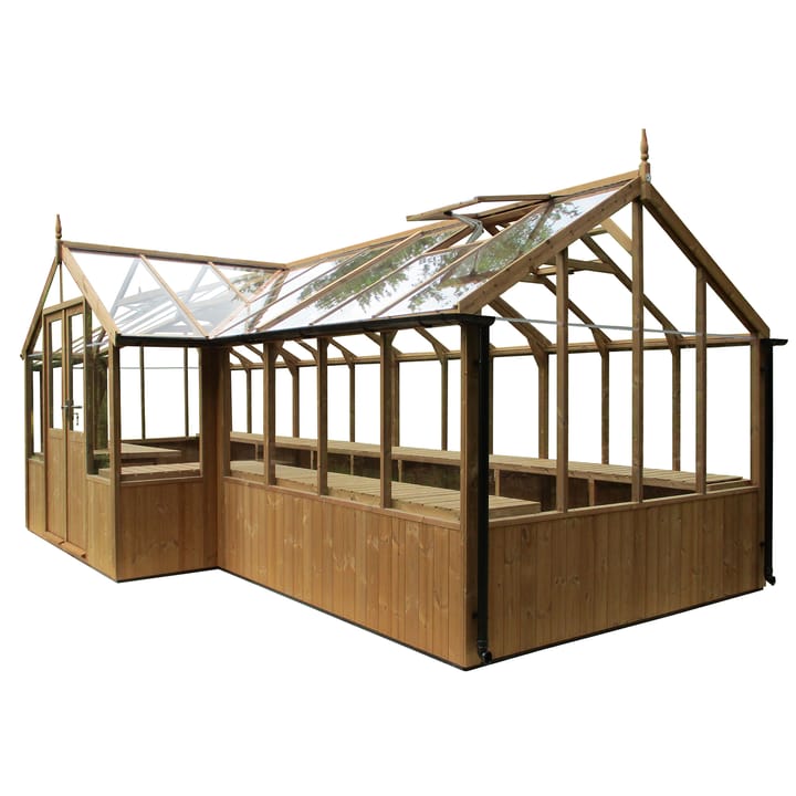 8ft 9in deep x 26ft 1in wide Swallow Swan t-shaped greenhouse. The Swan incudes front returned staging which sits at the front of the greenhouse and wraps around into the porch area. Optional additional staging to the rear has been added. The Swan can be constructed in either dwarf wall format or as pictured here freestanding. There is no extra cost for the dwarf wall option.

*Please note this greenhouse shows 'dwarf wall height' half-boarding which is no longer available.