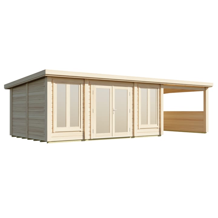The Lillevilla Pent with Canopy Log Cabin is a stylish and practical addition to any outdoor space, with its sturdy 44mm thick pine log construction and energy-efficient double glazing. Measuring 8.2m by 4m, this cabin is perfectly sized for a variety of uses, from a home office to a cozy retreat. The canopy provides a sheltered outdoor sitting area. It's topped with a durable EPDM roof, ensuring it stands strong against the elements while providing a modern silhouette against any garden backdrop.