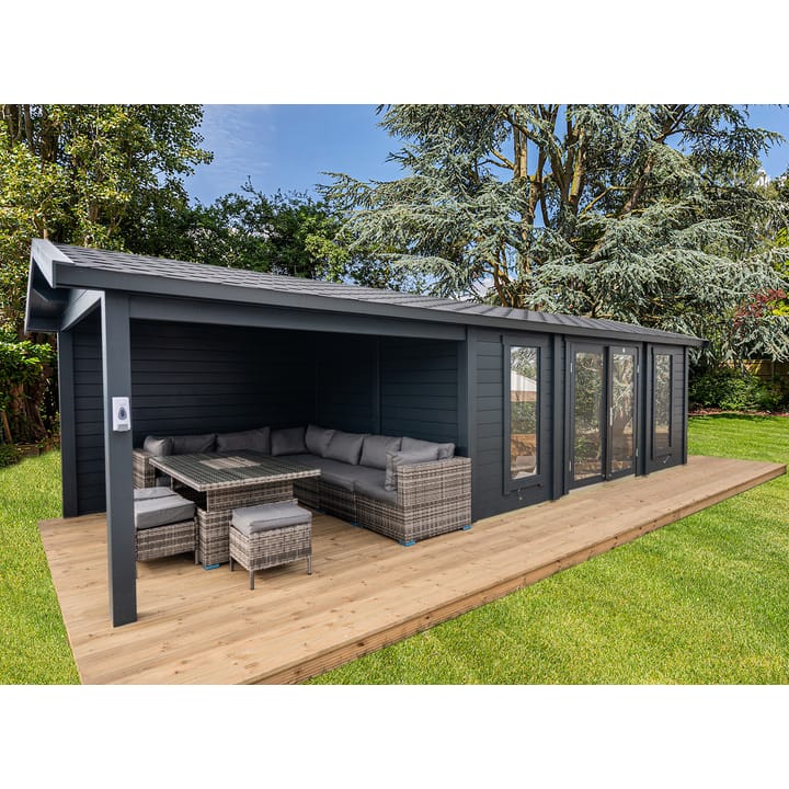 This image shows the Lillevilla Pavilion log cabin with Canopy 8m x 3m. The building includes a felt shingle roof and double glazed windows as standard.