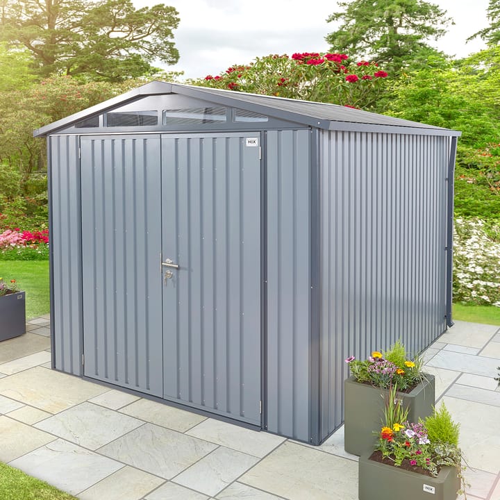8x10 HEX Alton apex shed in Anthracite Grey. The Apex features double opening doors to the front. The doors include an integrated organisation panel, ideal for hanging garden tools. Acrylic windows are positioned above the doors in the front gable, allowing light through. The Alton is also available in Sage Green.