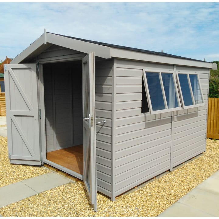 This 8ft x 10ft Heavy Duty Apex is constructed in heavy duty redwood cladding. A roof overhang and opening windows(s) are standard features. Ironmongery is available in a choice of black or as pictured here chrome. Optional felt tiles, double doors and a painted finish in fleet grey have all been added.
