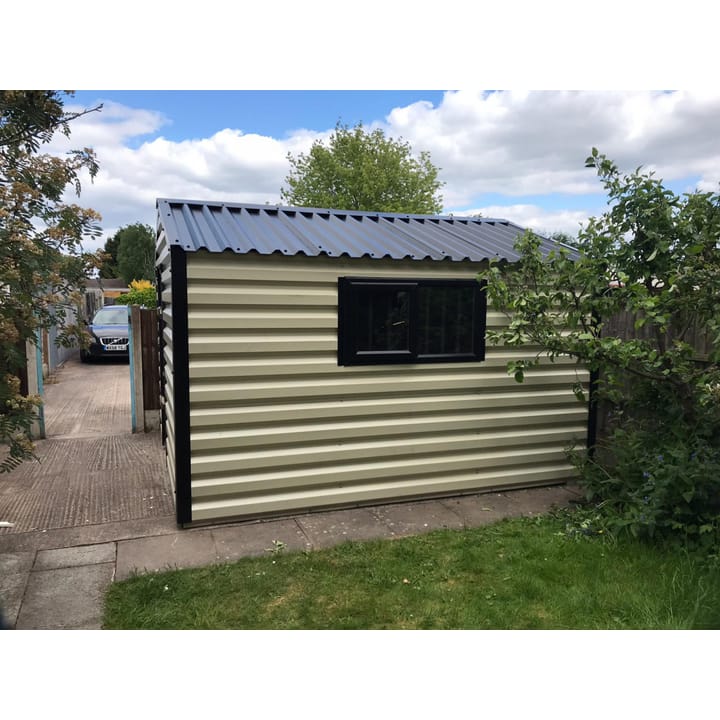 An 8ft wide x 10ft long Lifelong Apex in Goosewing Grey. This building has upgraded the window from white to black upvc and moved the window from the front of the shed to the side.