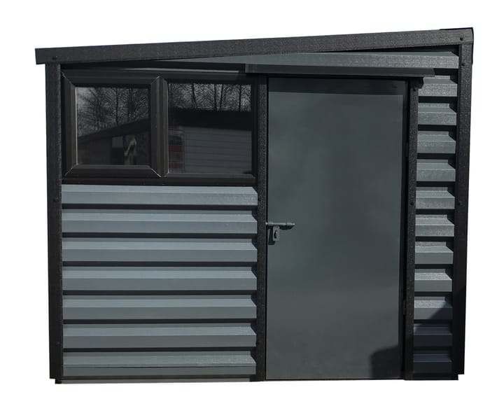 This Lifelong Pent is 8ft wide x 10ft deep and is finished in Anthracite colour. The door can be positioned on either the left or the right and can be hinged on either side. This building has upgraded the standard white upvc window to the optional black upvc window.