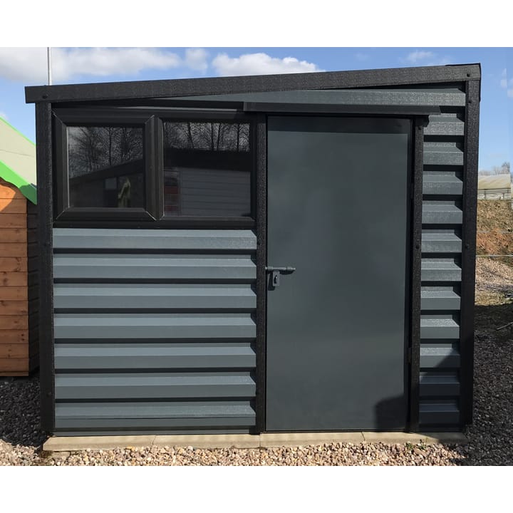 This Lifelong Pent is 8ft wide x 10ft deep and is finished in Anthracite colour. The door can be positioned on either the left or the right and can be hinged on either side. This building has upgraded the standard white upvc window to the optional black upvc window.