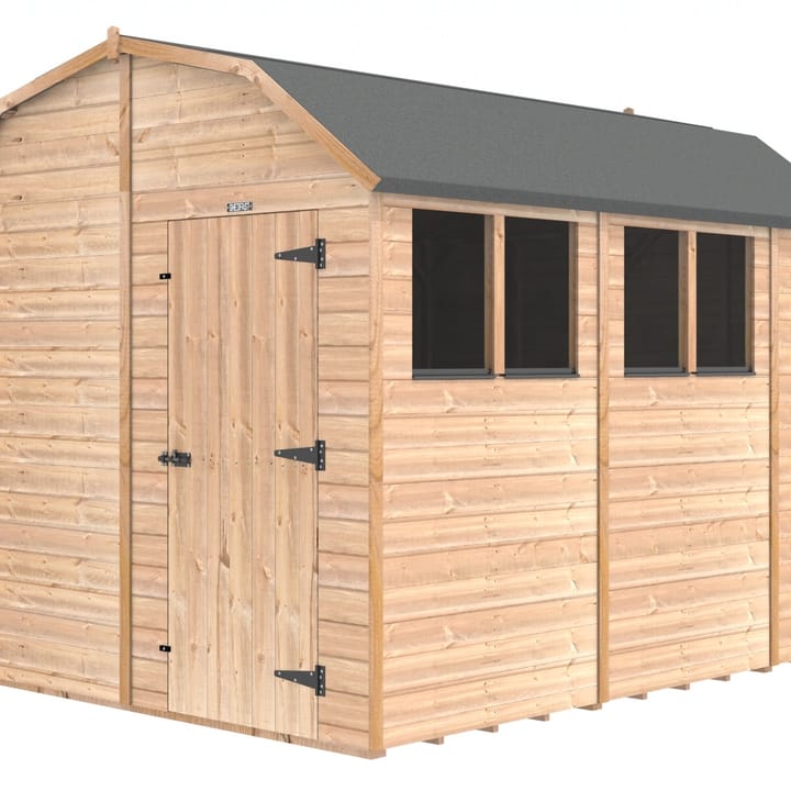 The Shedfast Dutch Barn shed is available in a range of sizes to suit all. 
Pictured here is the 8ft x 10ft model. The interchangeable windows and doors mean they can be positioned in any combination to suit your needs. The door is positioned in the gable end of this shed, but can easily be fitted on the side.

Black roofing felt is supplied as standard and the double pane windows are toughened safety glass with a pvc bottom cill.