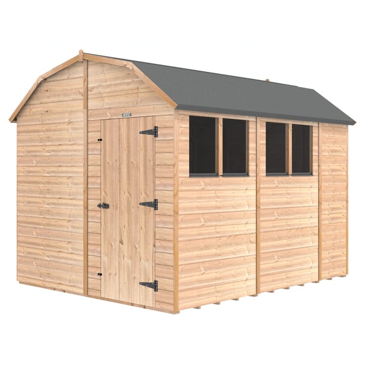 The Shedfast Dutch Barn shed is available in a range of sizes to suit all. 
Pictured here is the 8ft x 10ft model. The interchangeable windows and doors mean they can be positioned in any combination to suit your needs. The door is positioned in the gable end of this shed, but can easily be fitted on the side.

Black roofing felt is supplied as standard and the double pane windows are toughened safety glass with a pvc bottom cill.