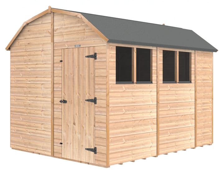 The Shedfast Dutch Barn shed is available in a range of sizes to suit all. 
Pictured here is the 8ft x 10ft model. The interchangeable windows and doors mean they can be positioned in any combination to suit your needs. The door is positioned in the gable end of this shed, but can easily be fitted on the side.

Black roofing felt is supplied as standard and the double pane windows are toughened safety glass with a pvc bottom cill.