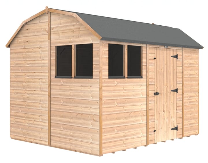 The Shedfast Dutch Barn shed is available in a range of sizes to suit all. 
Pictured here is the 8ft x 10ft model. The interchangeable windows and doors mean they can be positioned in any combination to suit your needs. The door is positioned on the side of this shed, but can easily be fitted in the gable end.

Black roofing felt is supplied as standard and the double pane windows are toughened safety glass with a pvc bottom cill.