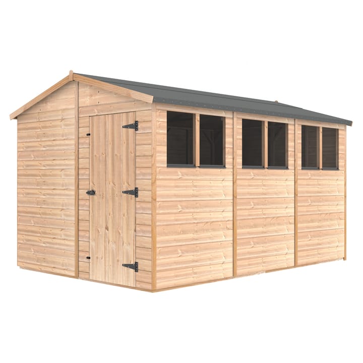 The Shedfast Apex shed is available in a range of sizes to suit all. 
Pictured here is the 8ft x 12ft model. The interchangeable windows and doors mean they can be positioned in any combination to suit your needs. The door is positioned in the gable end of this shed, but can easily be fitted to the side.

Black roofing felt is supplied as standard and the double pane windows are toughened safety glass with a pvc bottom cill.