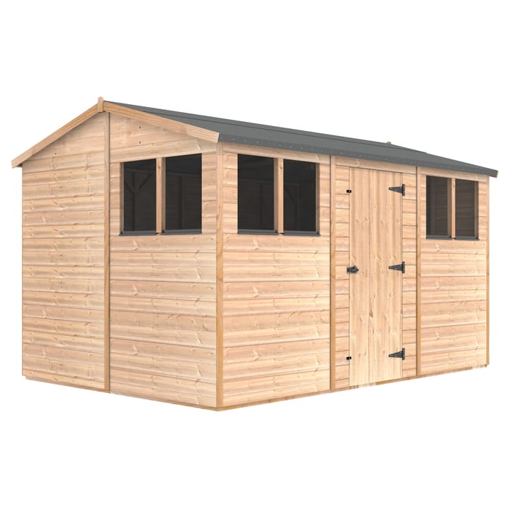 The Shedfast Apex shed is available in a range of sizes to suit all. 
Pictured here is the 8ft x 12ft model. The interchangeable windows and doors mean they can be positioned in any combination to suit your needs. The door is positioned in the side of this shed, but can easily be fitted to the gable end.

Black roofing felt is supplied as standard and the double pane windows are toughened safety glass with a pvc bottom cill.