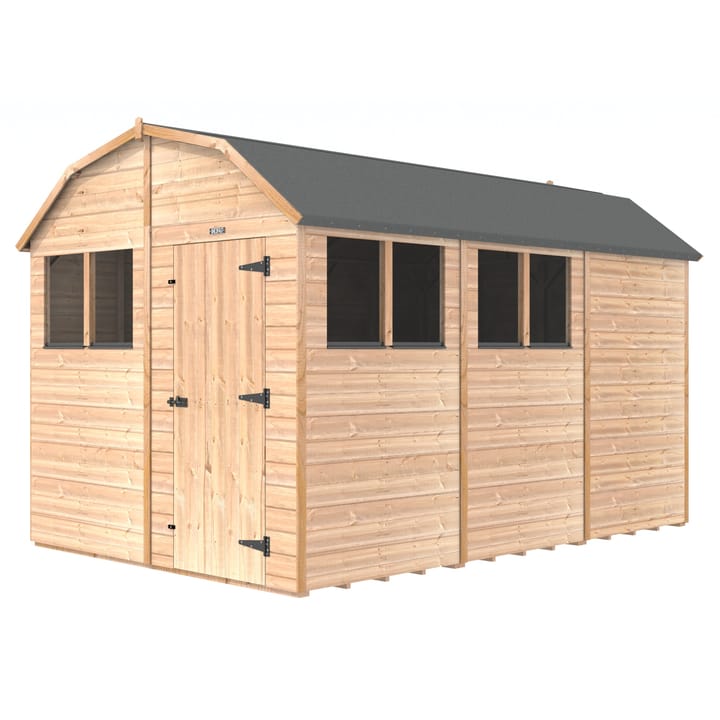 The Shedfast Dutch Barn shed is available in a range of sizes to suit all. 
Pictured here is the 8ft x 12ft model. The interchangeable windows and doors mean they can be positioned in any combination to suit your needs. The door is positioned in the gable end of this shed, but can easily be fitted on the side.

Black roofing felt is supplied as standard and the double pane windows are toughened safety glass with a pvc bottom cill.